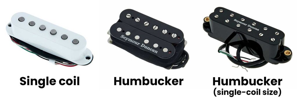 Comparison between a single-coil pickup, a humbucker, and a humbucker in a single-coil format