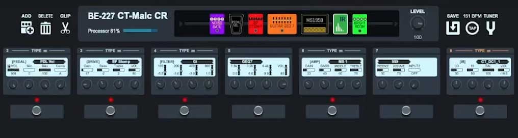 An effects chain created using <em>Guitar Lab</em> software with a Zoom processor