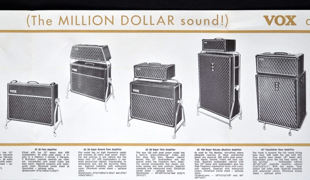 Advertisement for the different Vox amplifiers including the Vox Super Beatles